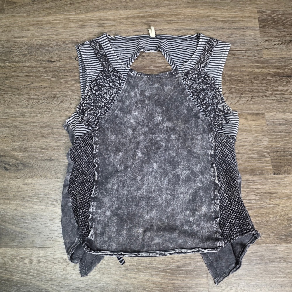 Giga by BKE Womens S Tank Top‎ Gray Mineral Wash Lace Mixed Media Tie Back